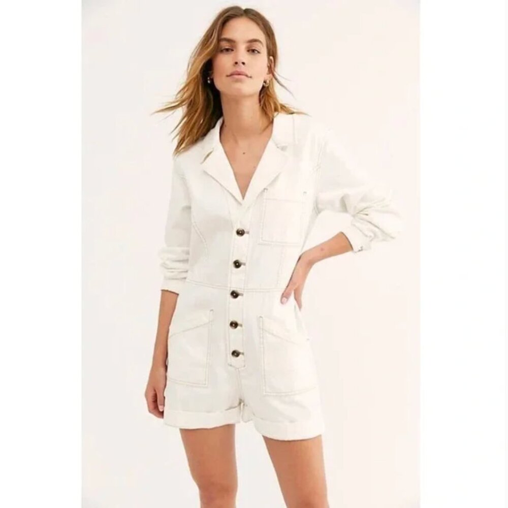 Free People Cream Cotton-Linen Long Sleeve Button Front Romper - Size M